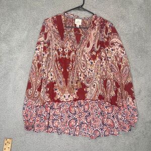 Knox Rose womens long sleeve blouse boho sheer tiered paisley tie neck red L